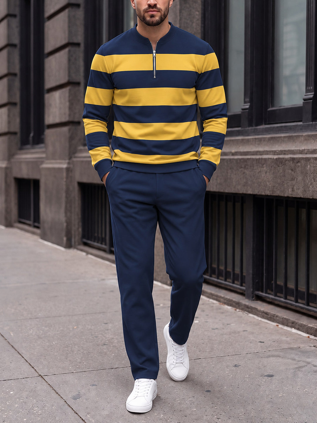 Zipper long sleeve two-piece set, Navy Gold Rugby