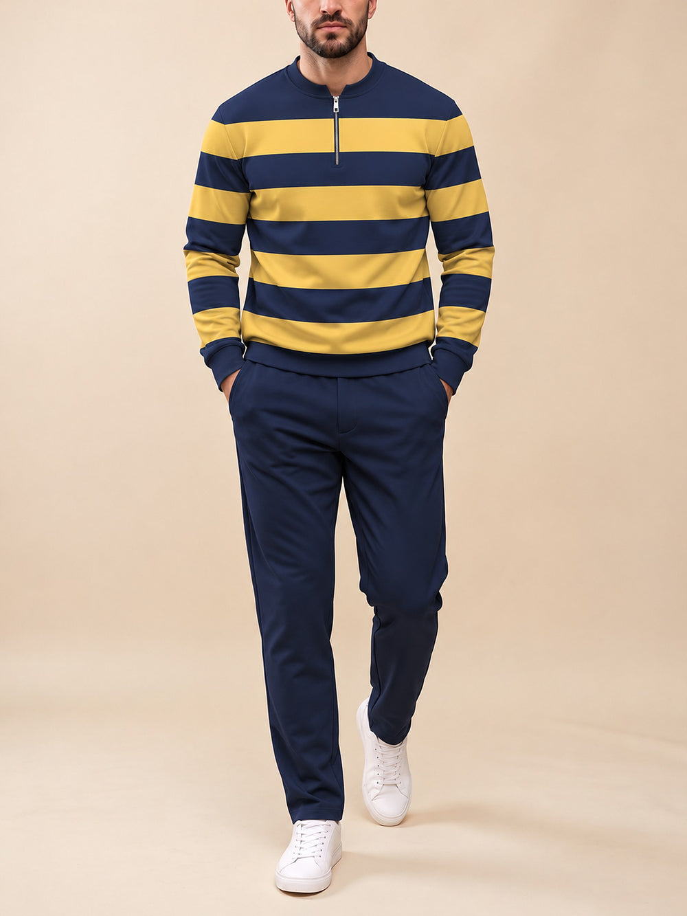 Zipper long sleeve two-piece set, Navy Gold Rugby