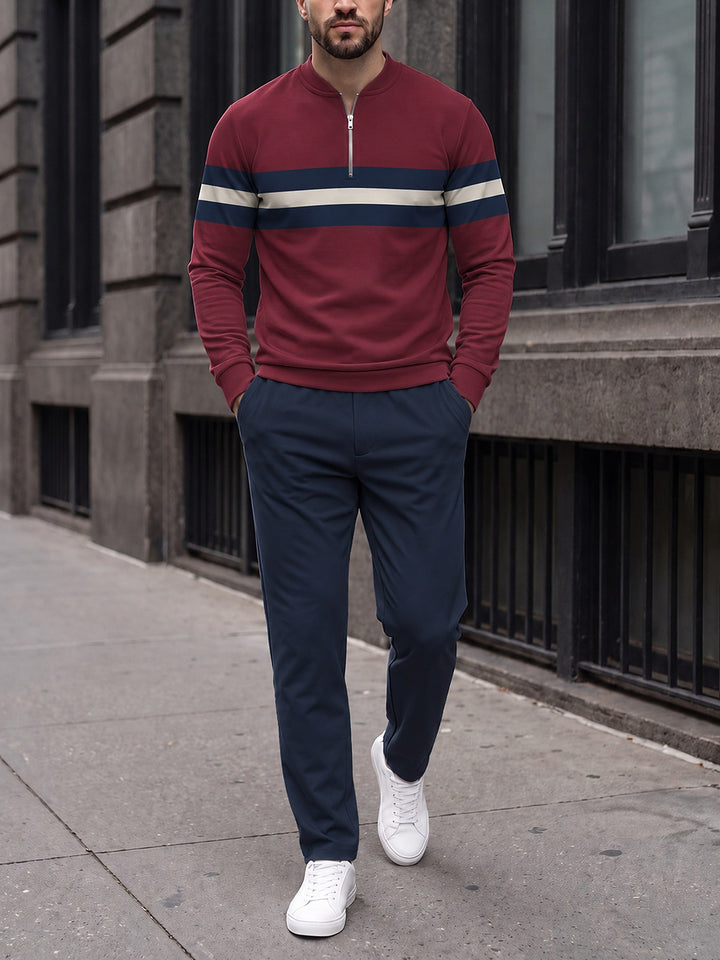 Zipper long sleeve two-piece set, Burgundy Rugby Stripe