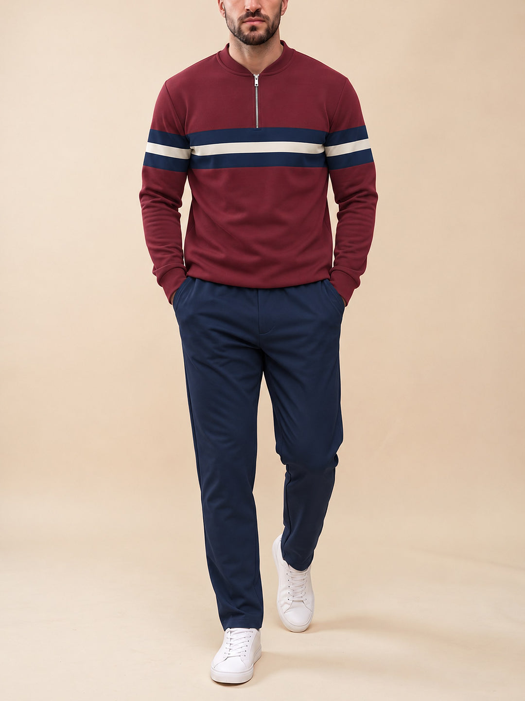 Zipper long sleeve two-piece set, Burgundy Rugby Stripe