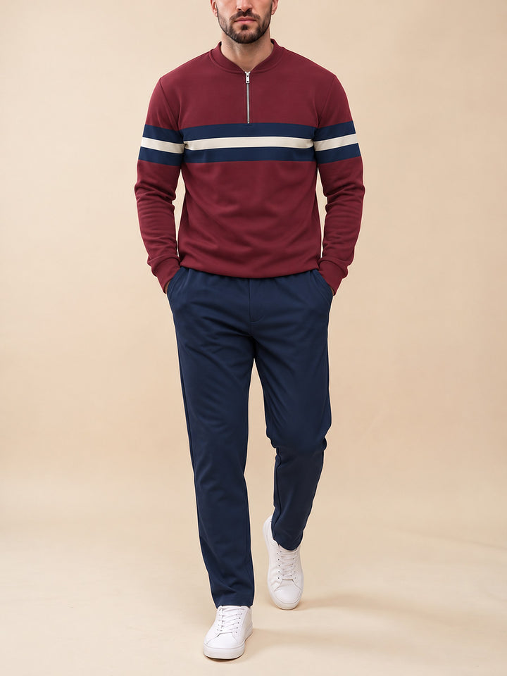 Zipper long sleeve two-piece set, Burgundy Rugby Stripe