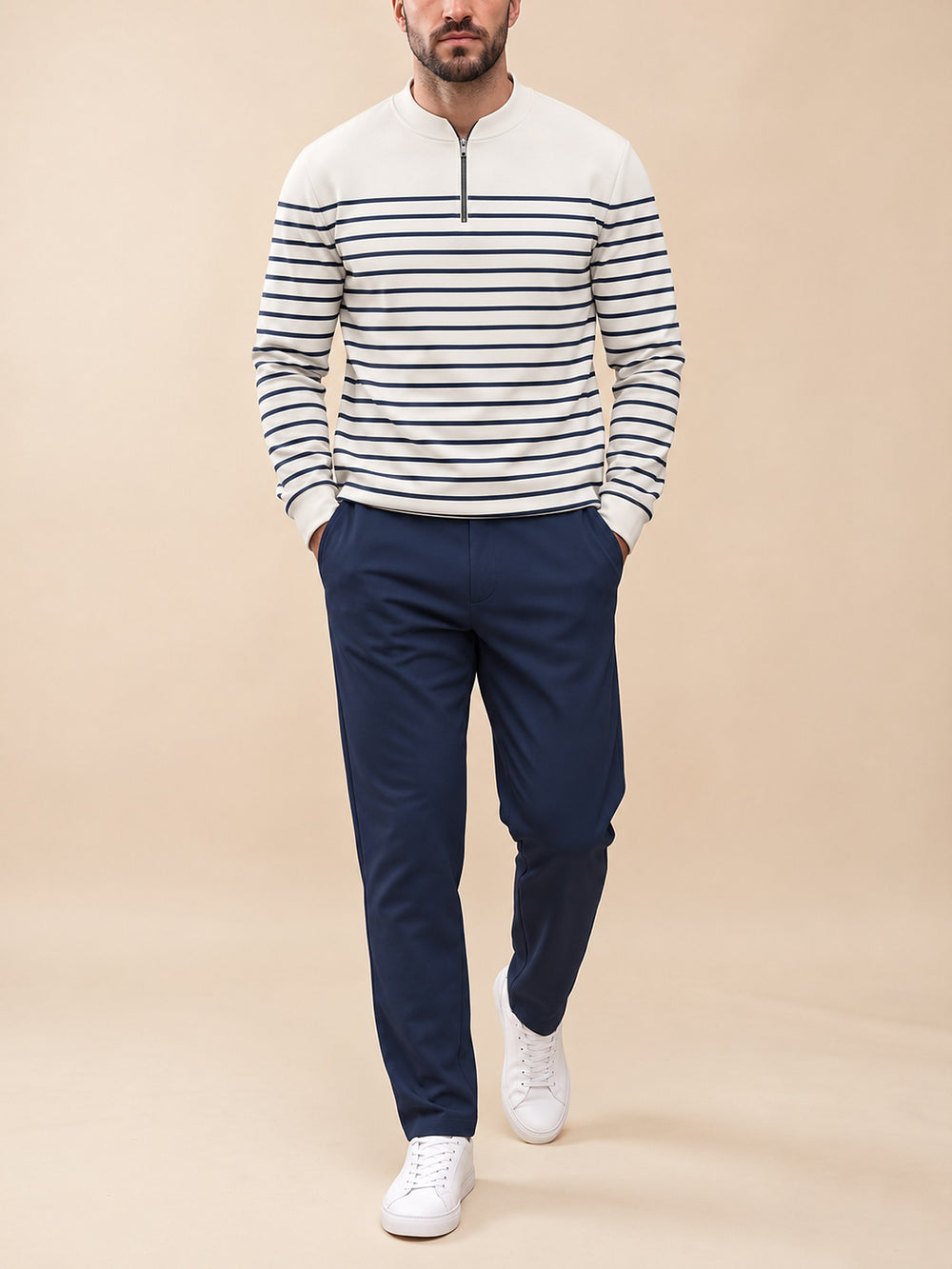 Zipper long sleeve two-piece set, Breton Stripe