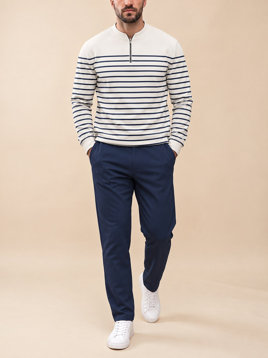 Zipper long sleeve two-piece set, Breton Stripe