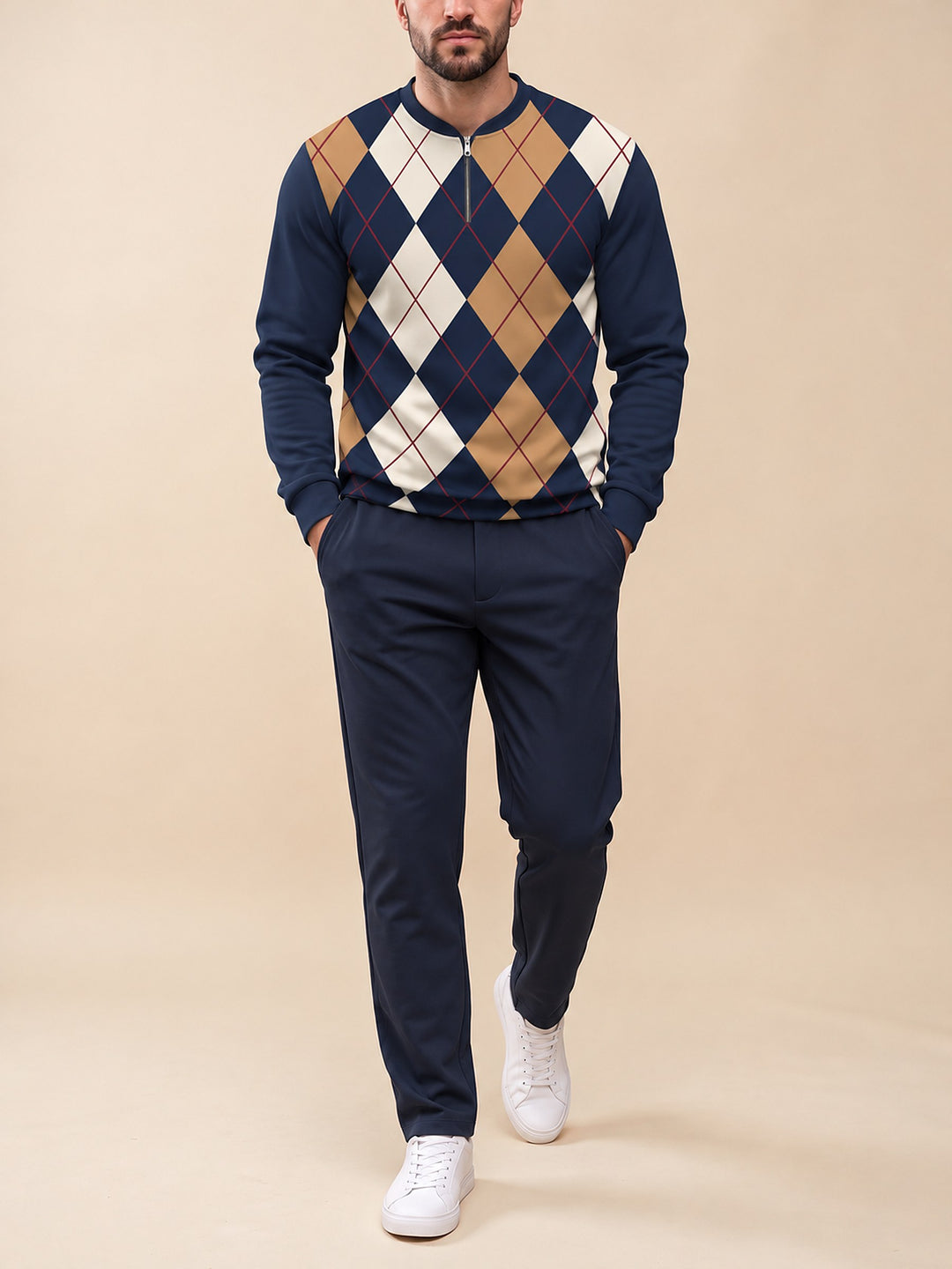 Zipper long sleeve two-piece set, Navy Argyle