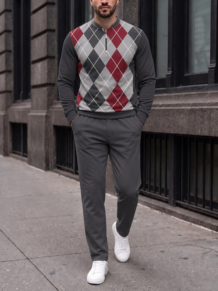 Zipper long sleeve two-piece set, Charcoal Argyle
