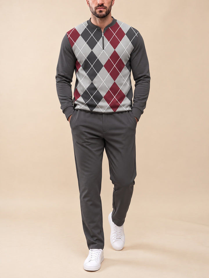 Zipper long sleeve two-piece set, Charcoal Argyle
