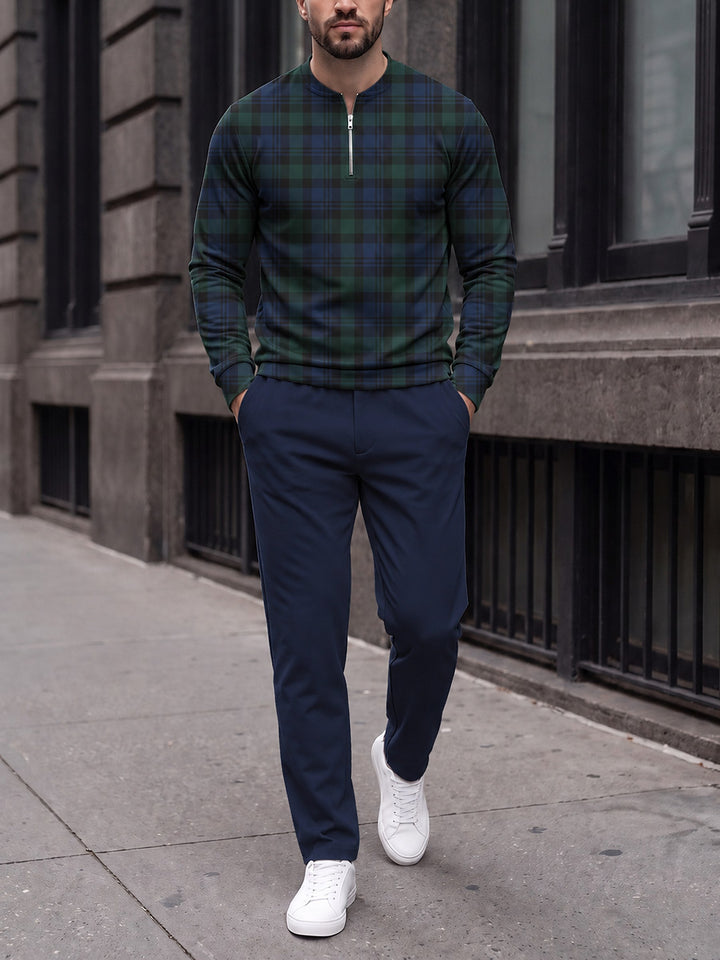 Zipper long sleeve two-piece set, Black Watch Tartan