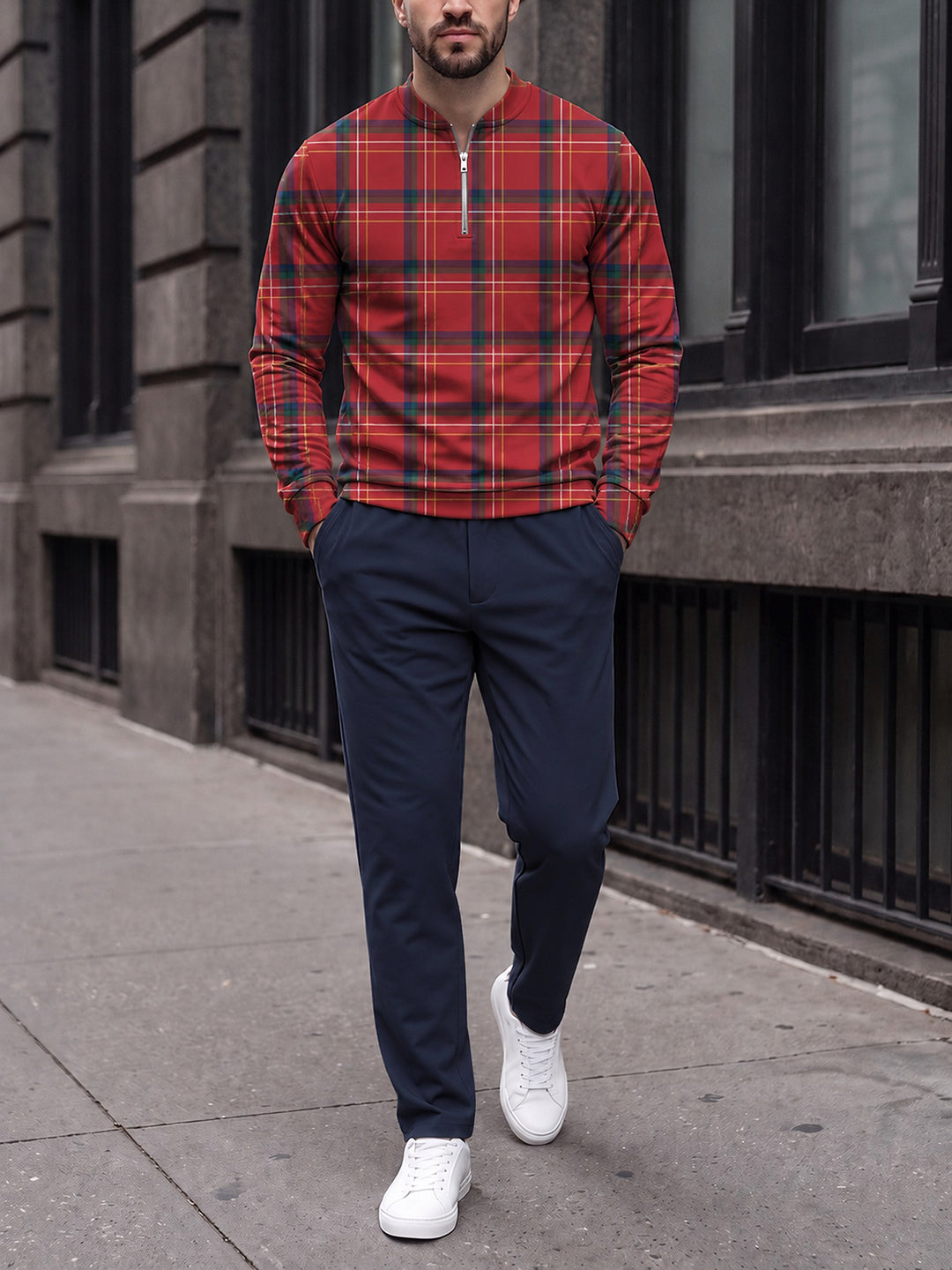 Zipper long sleeve two-piece set, Royal Red Tartan