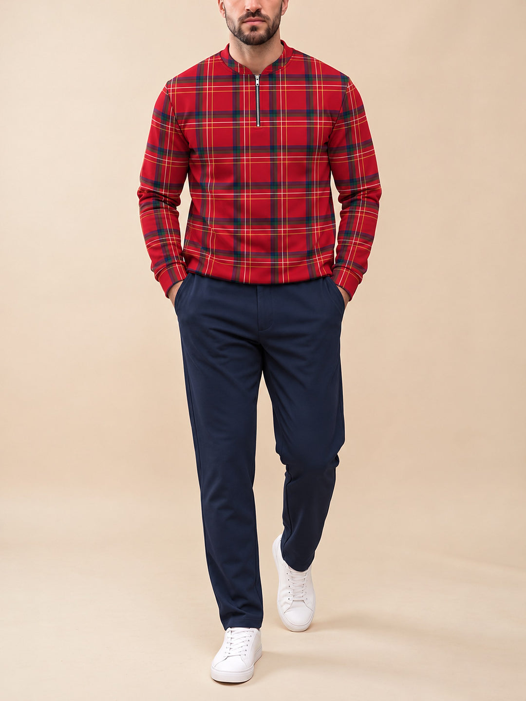 Zipper long sleeve two-piece set, Royal Red Tartan