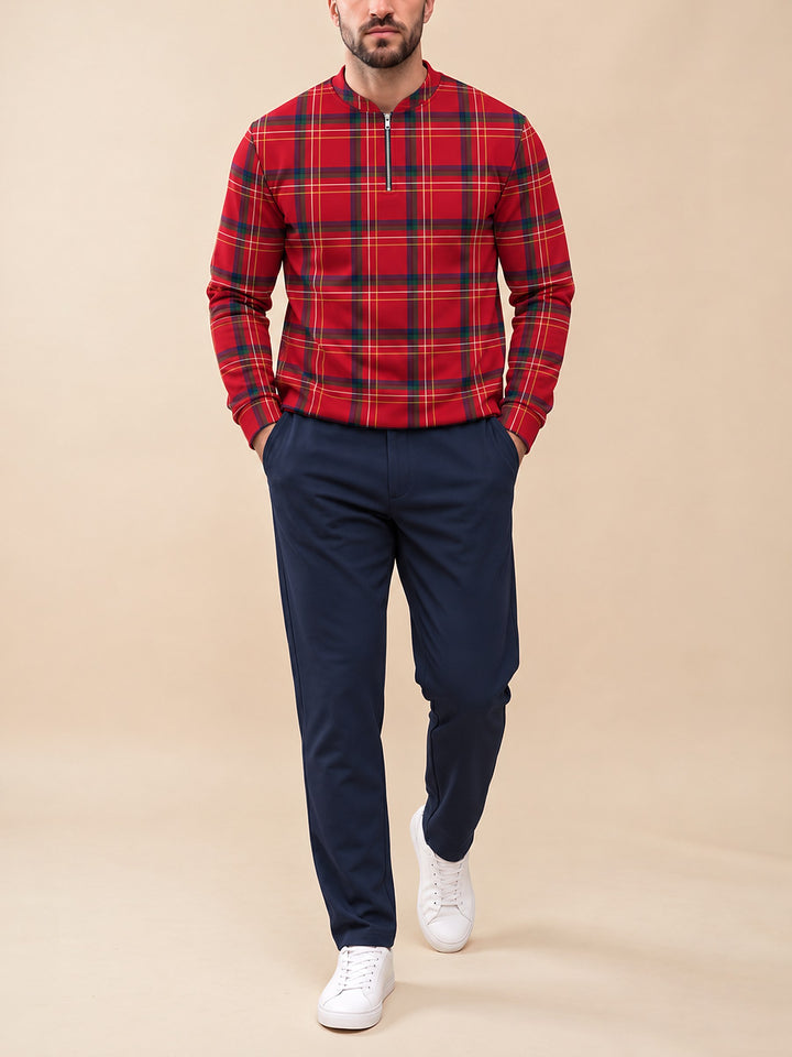 Zipper long sleeve two-piece set, Royal Red Tartan