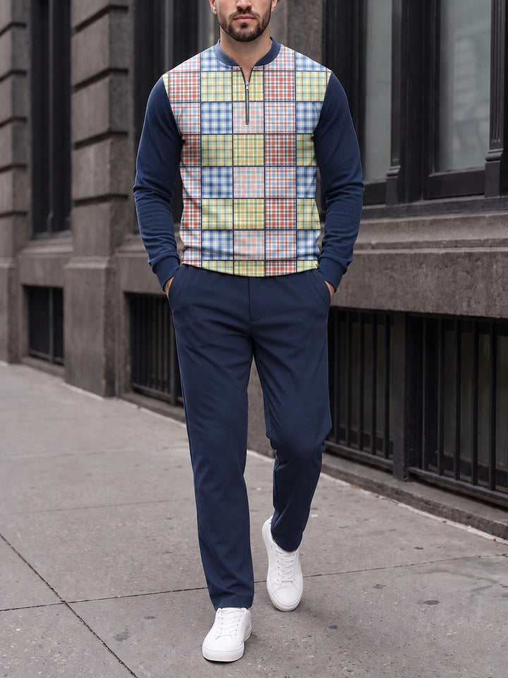 Zipper long sleeve two-piece set, Madras Patchwork