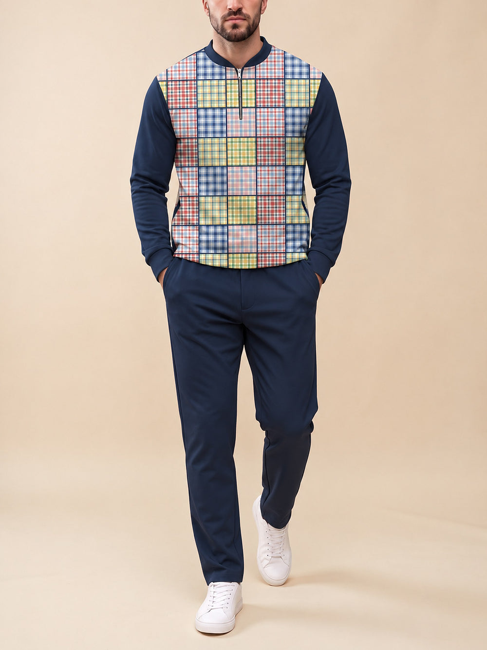 Zipper long sleeve two-piece set, Madras Patchwork