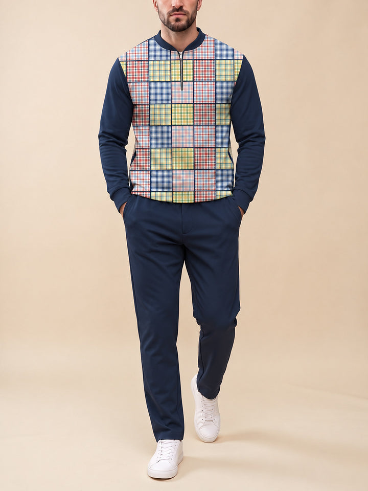 Zipper long sleeve two-piece set, Madras Patchwork