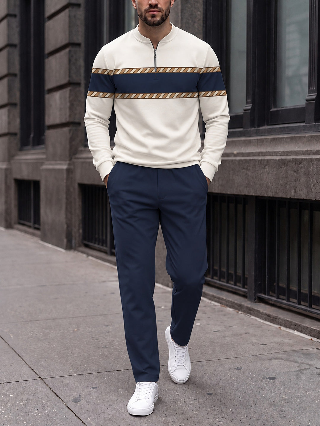 Zipper long sleeve two-piece set, Rope & Navy Band