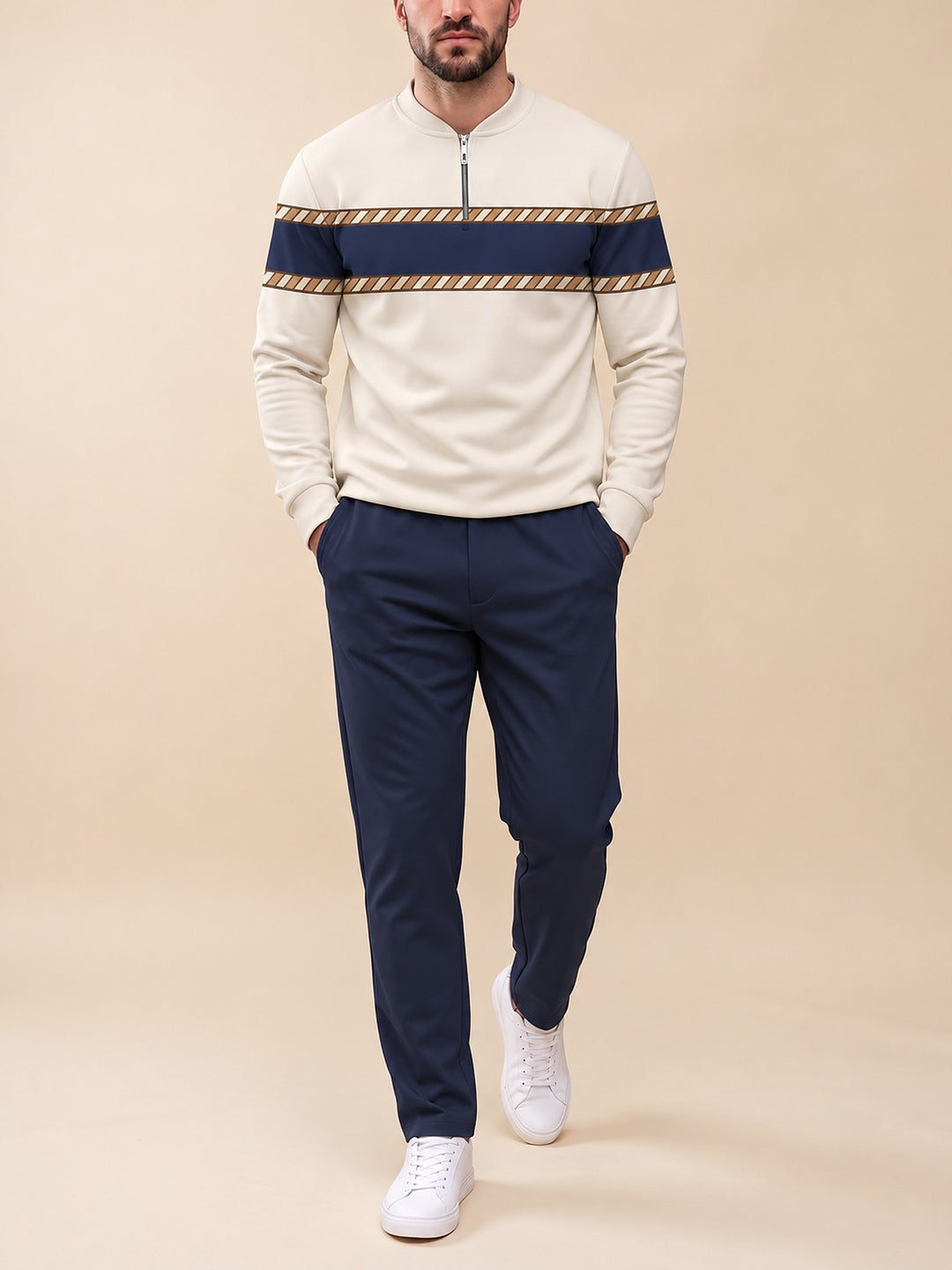 Zipper long sleeve two-piece set, Rope &amp; Navy Band