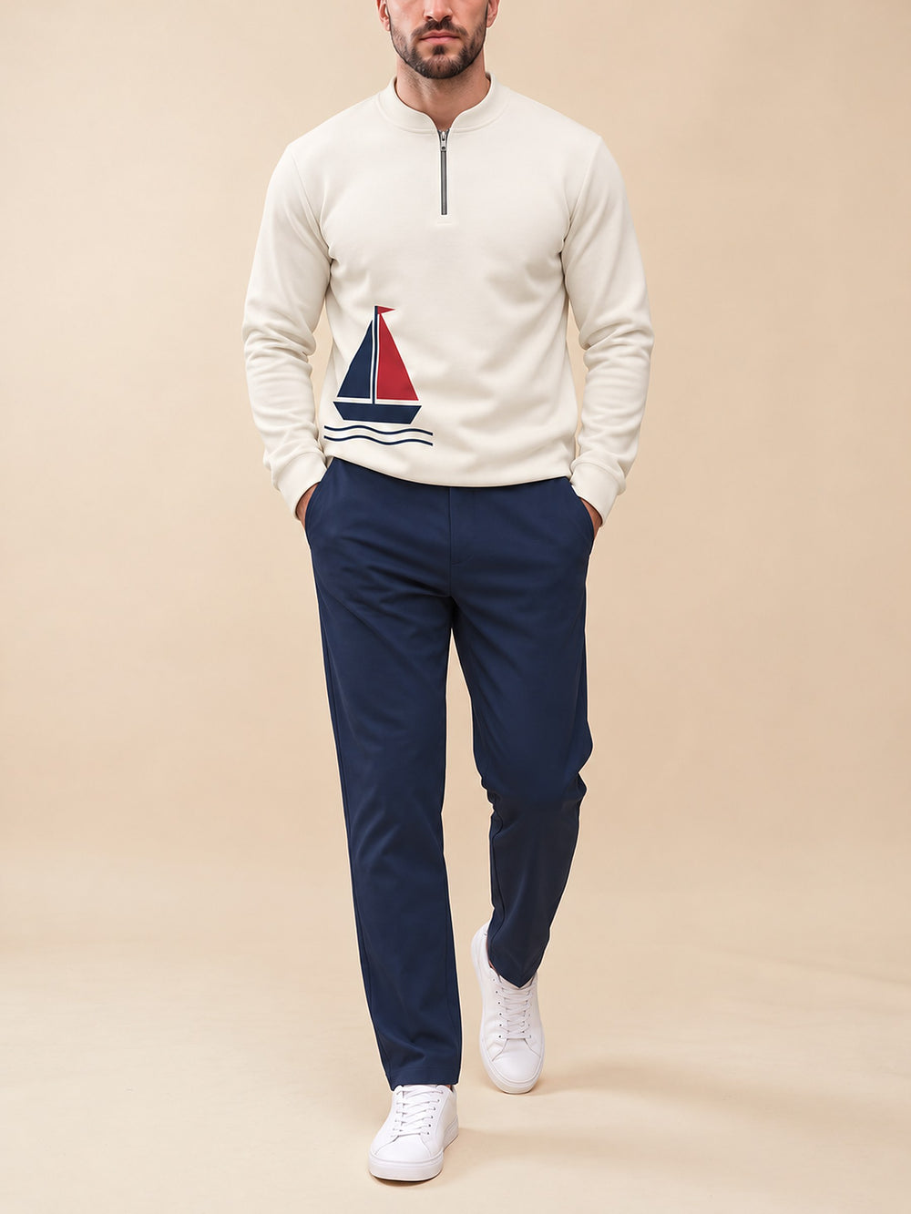 Zipper long sleeve two-piece set, Sailboat