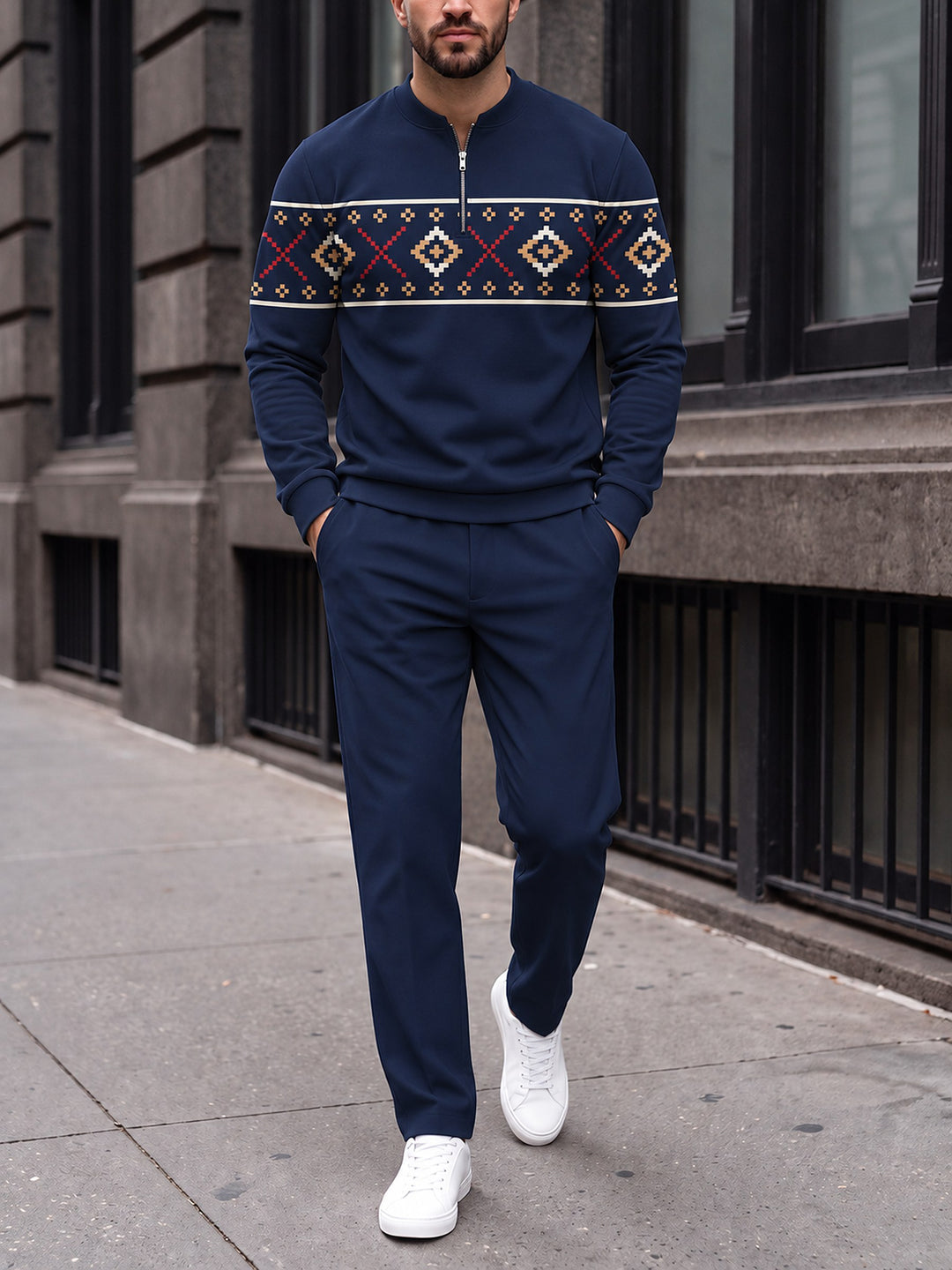 Zipper long sleeve two-piece set, Navy Fair Isle