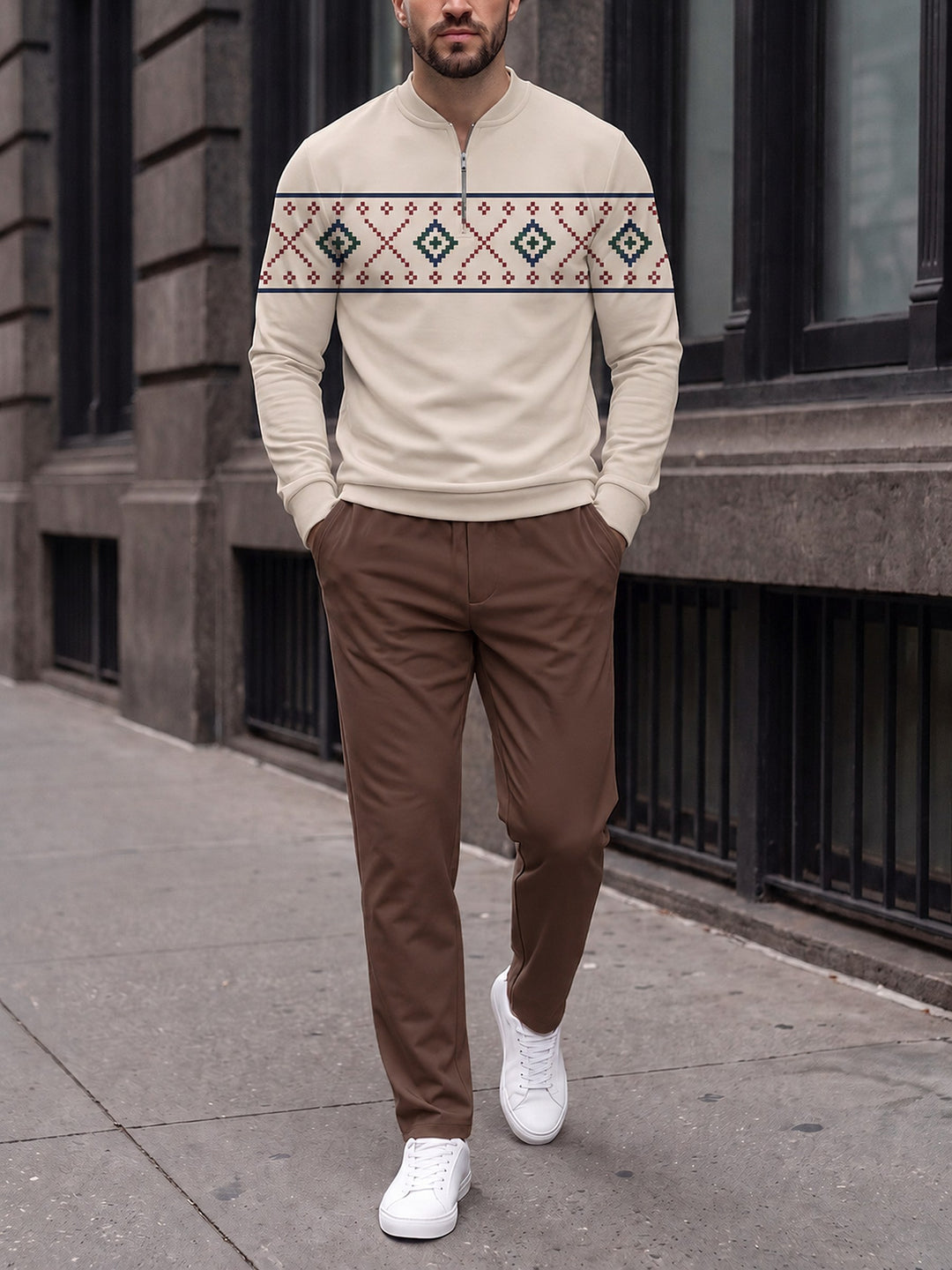 Zipper long sleeve two-piece set, Oatmeal Fair Isle