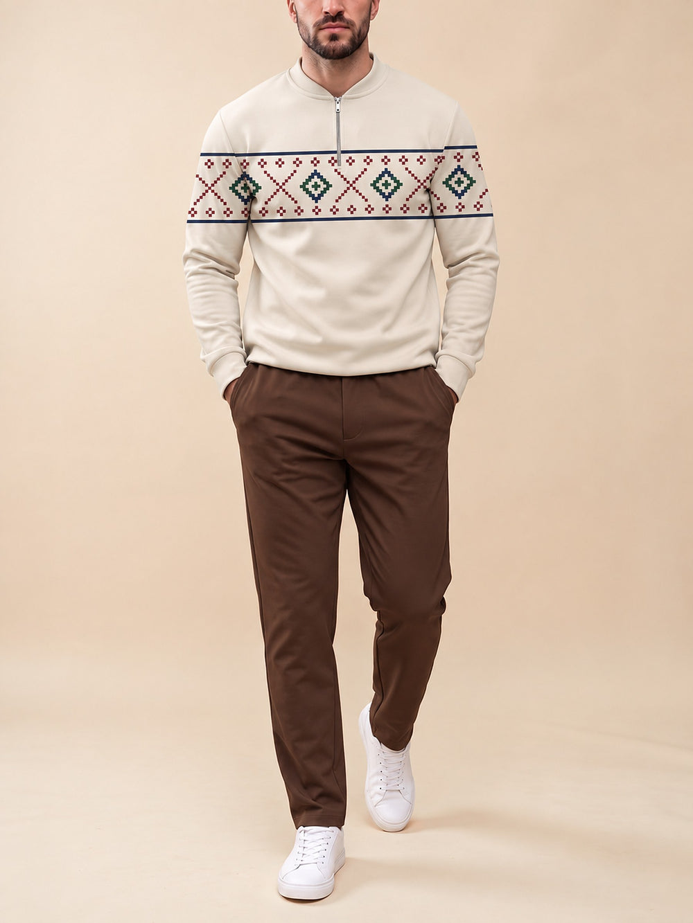 Zipper long sleeve two-piece set, Oatmeal Fair Isle