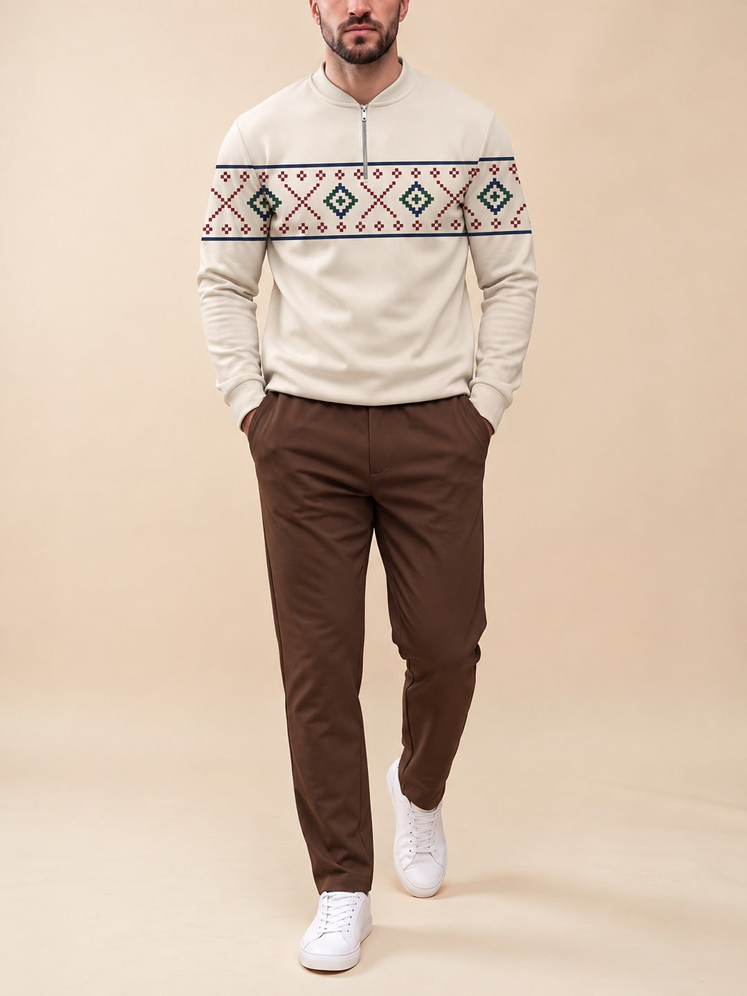 Zipper long sleeve two-piece set, Oatmeal Fair Isle