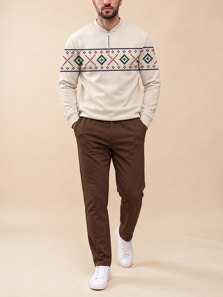 Zipper long sleeve two-piece set, Oatmeal Fair Isle