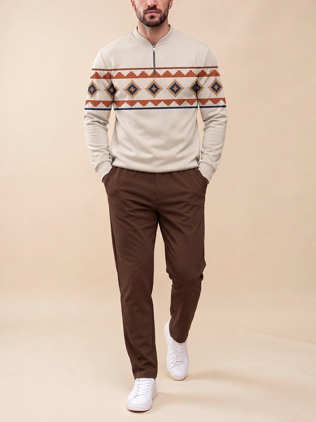 Zipper long sleeve two-piece set, Canyon Geometric