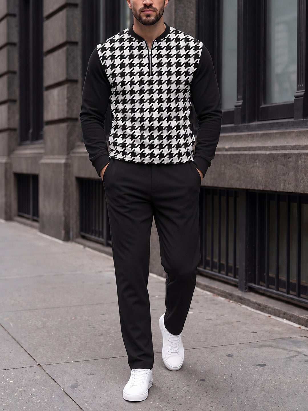 Zipper long sleeve two-piece set, Houndstooth Front