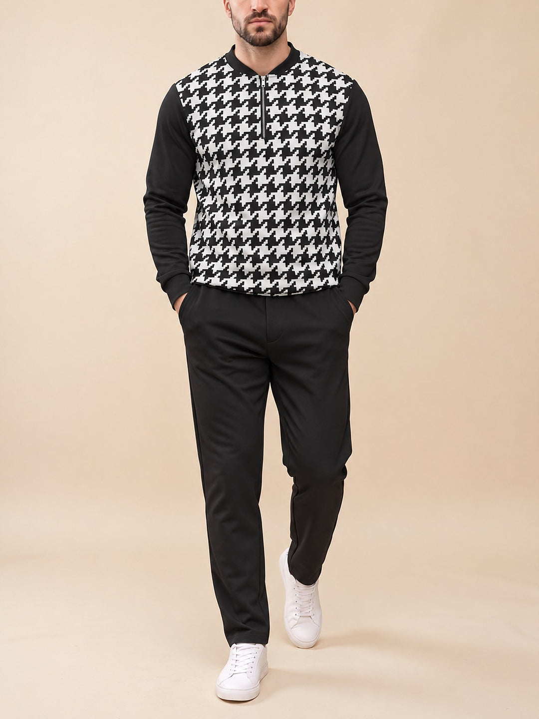 Zipper long sleeve two-piece set, Houndstooth Front