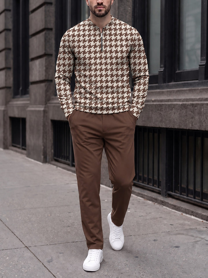 Zipper long sleeve two-piece set, Chocolate Houndstooth
