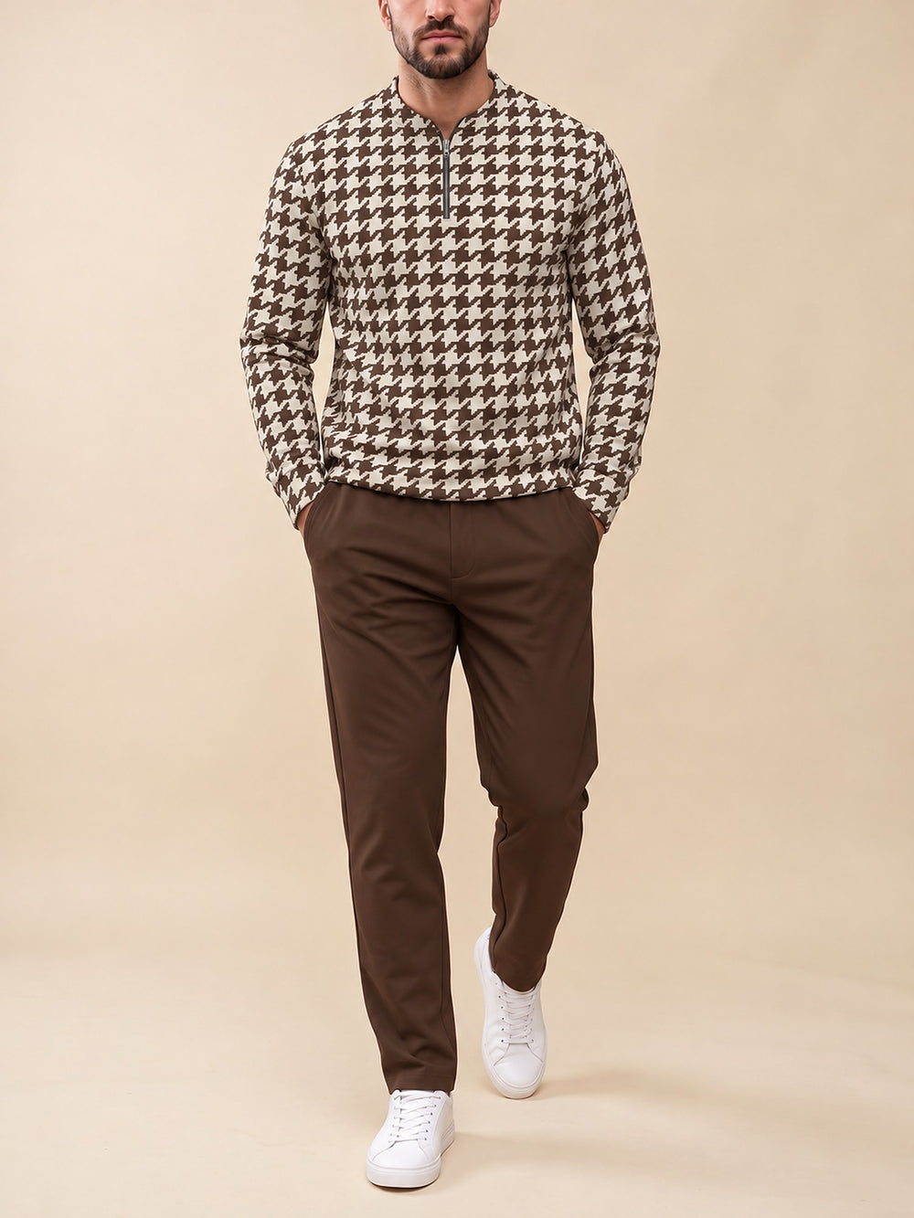 Zipper long sleeve two-piece set, Chocolate Houndstooth
