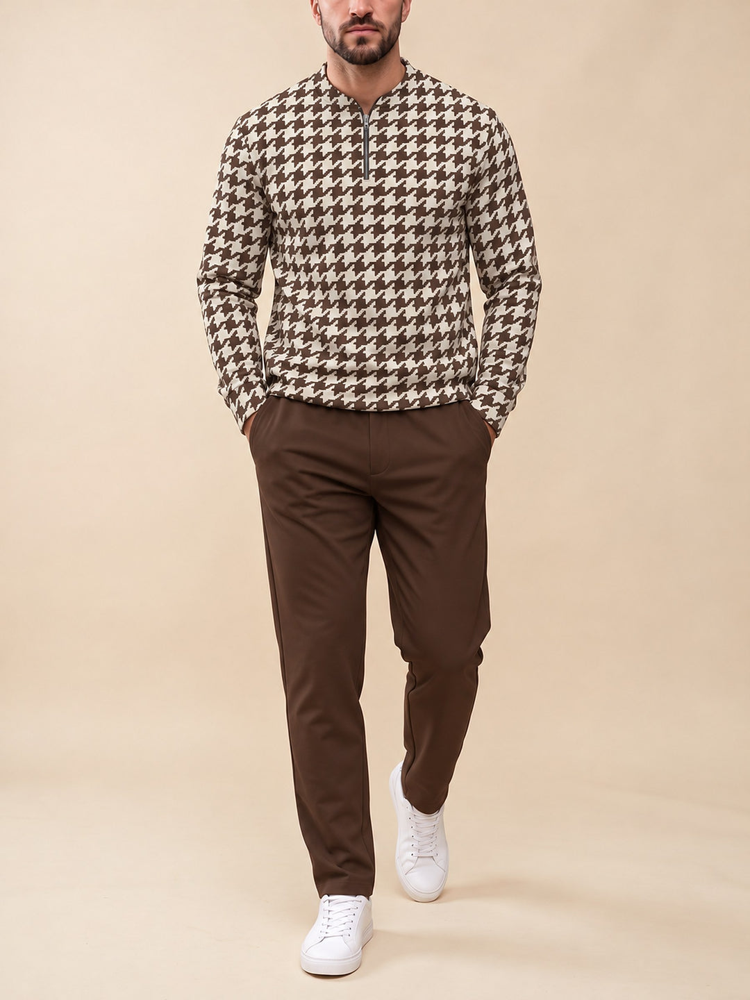 Zipper long sleeve two-piece set, Chocolate Houndstooth