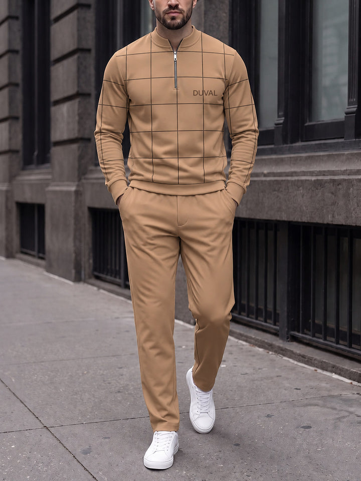 Zipper long sleeve two-piece set, Camel Windowpane