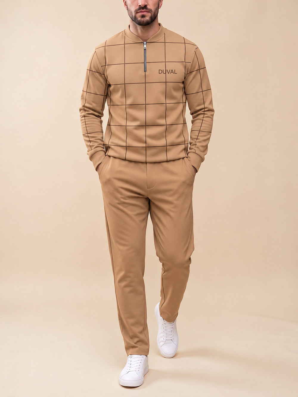 Zipper long sleeve two-piece set, Camel Windowpane