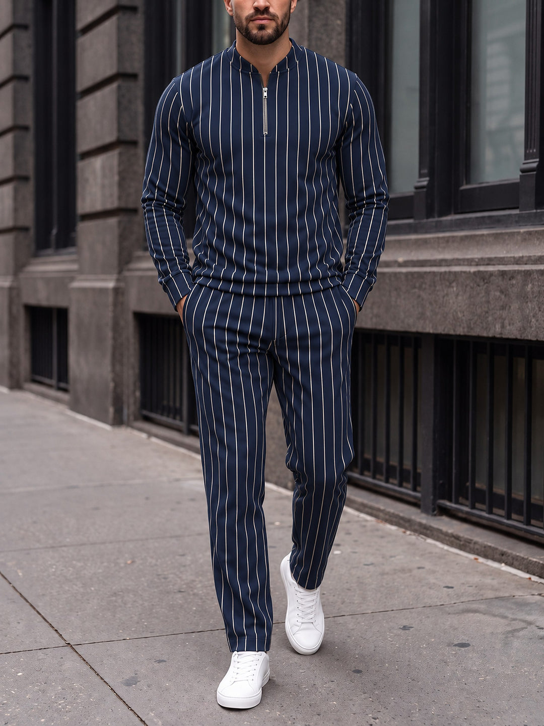 Zipper long sleeve two-piece set, Navy Chalk Stripe