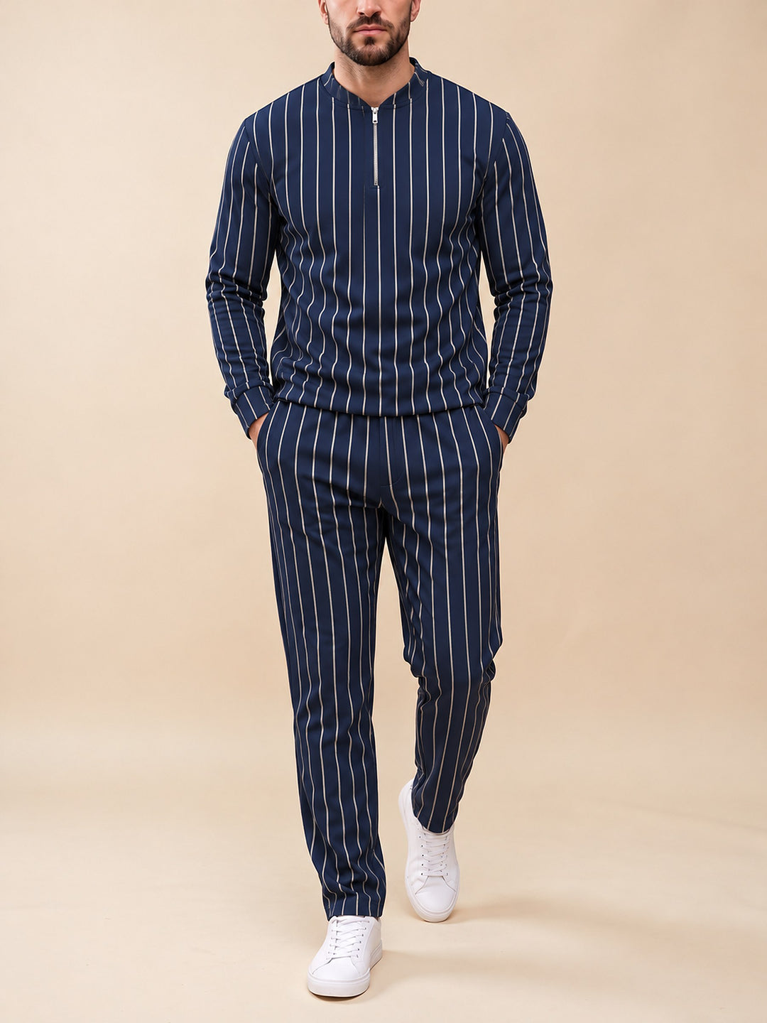 Zipper long sleeve two-piece set, Navy Chalk Stripe