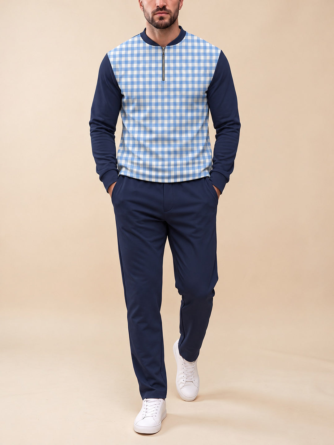 Zipper long sleeve two-piece set, Sky Gingham