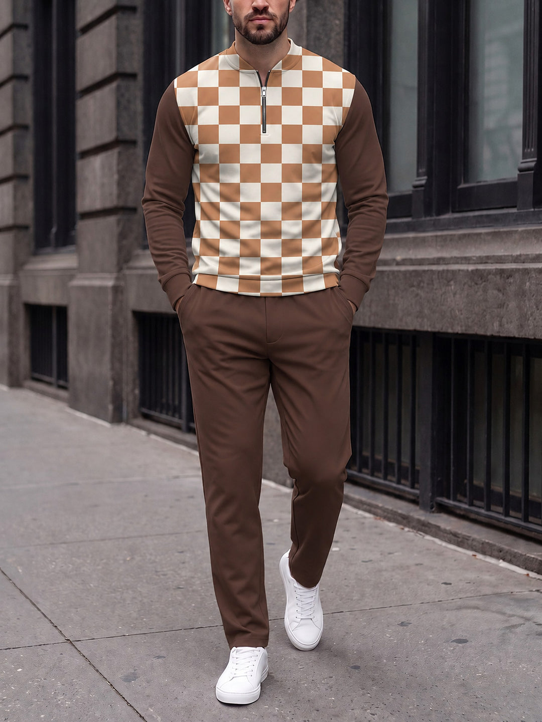 Zipper long sleeve two-piece set, Damier Panel