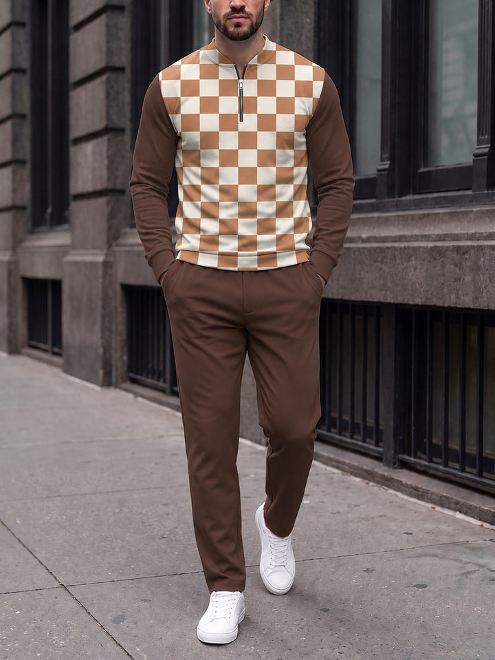 Zipper long sleeve two-piece set, Damier Panel