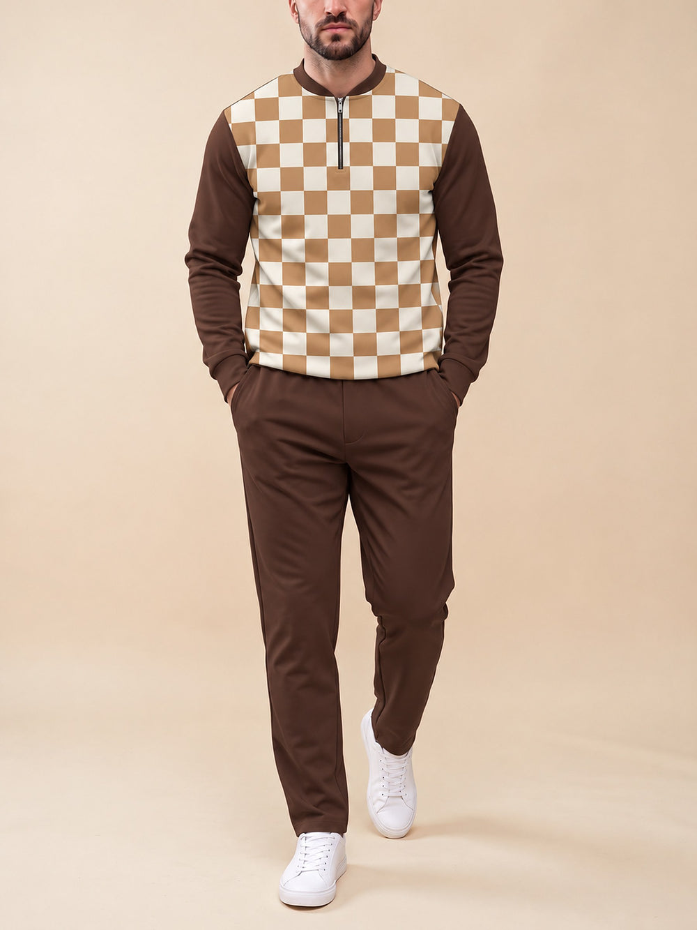 Zipper long sleeve two-piece set, Damier Panel
