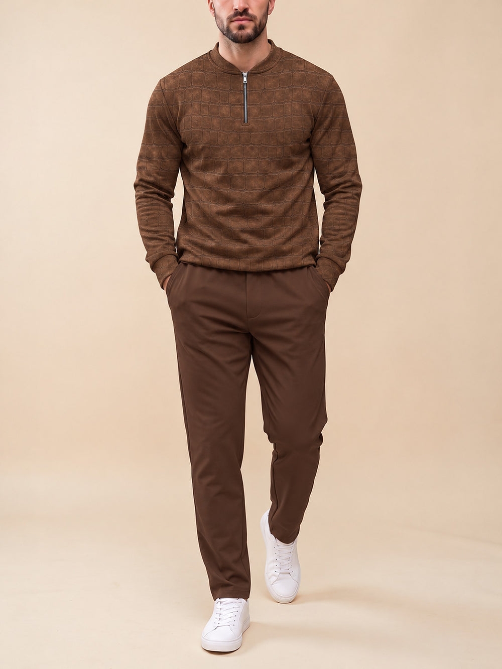 Zipper long sleeve two-piece set, Chocolate Croc Print