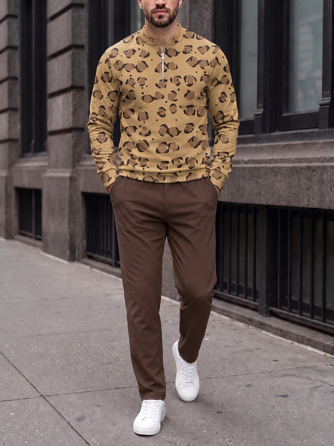 Zipper long sleeve two-piece set, Camel Leopard