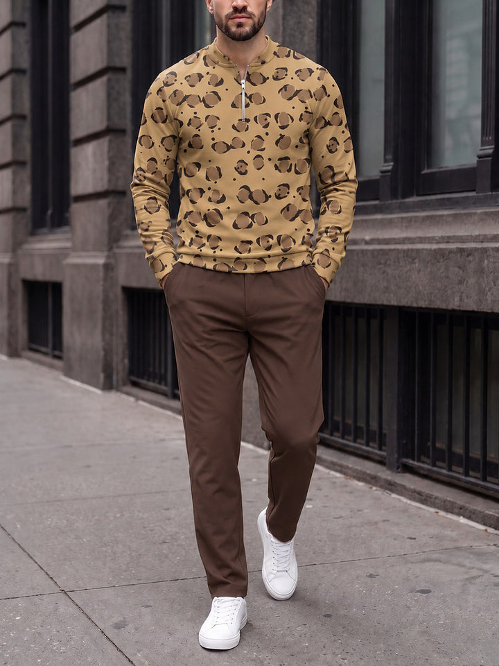 Zipper long sleeve two-piece set, Camel Leopard