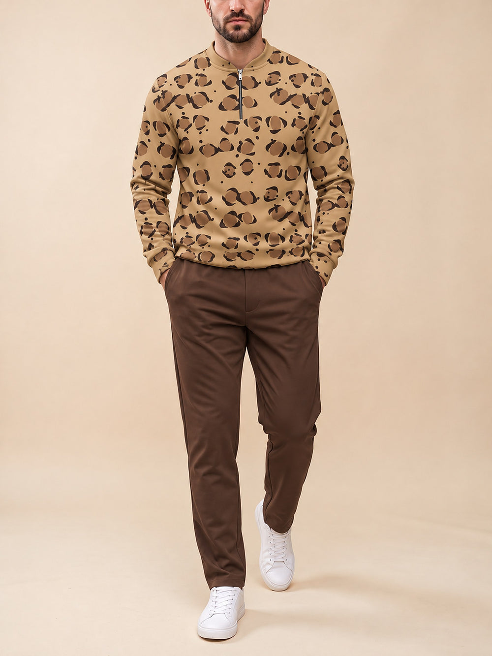 Zipper long sleeve two-piece set, Camel Leopard