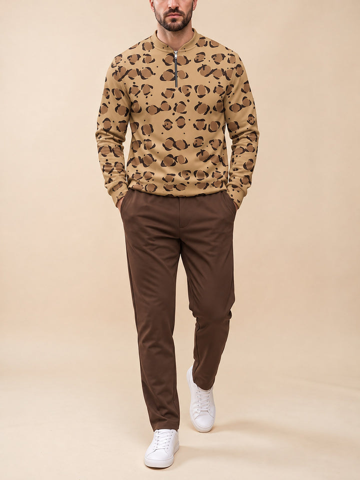 Zipper long sleeve two-piece set, Camel Leopard