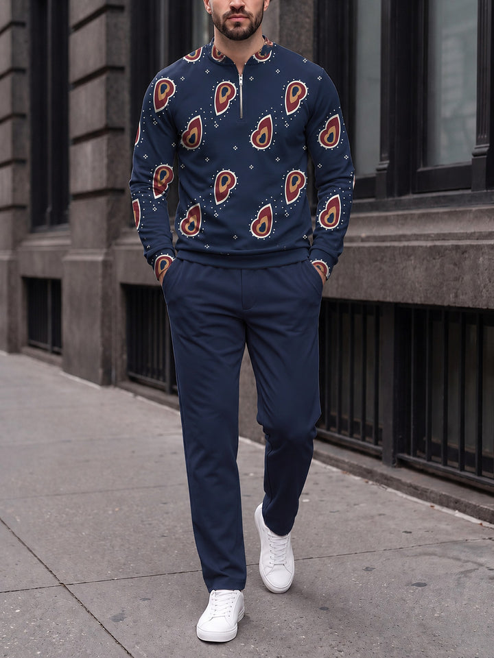 Zipper long sleeve two-piece set, Navy Paisley