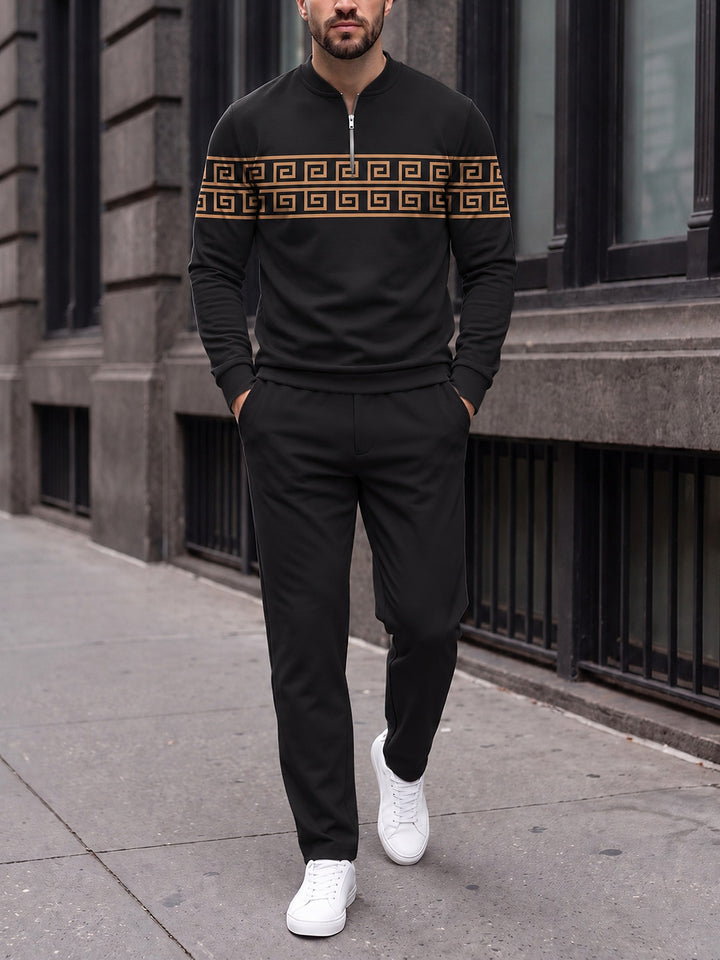 Zipper long sleeve two-piece set, Greek Key