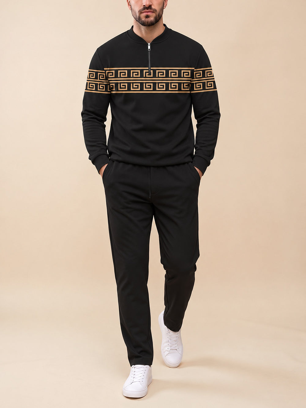 Zipper long sleeve two-piece set, Greek Key