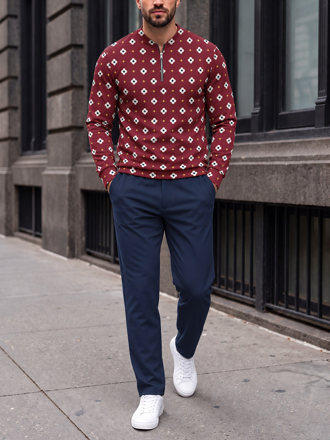 Zipper long sleeve two-piece set, Burgundy Foulard
