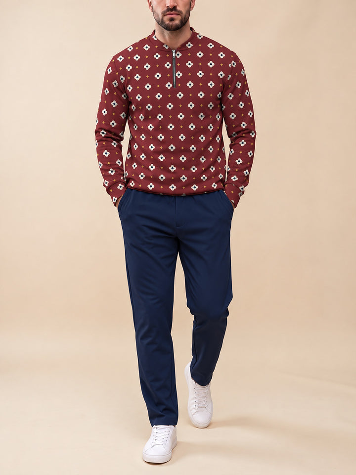 Zipper long sleeve two-piece set, Burgundy Foulard