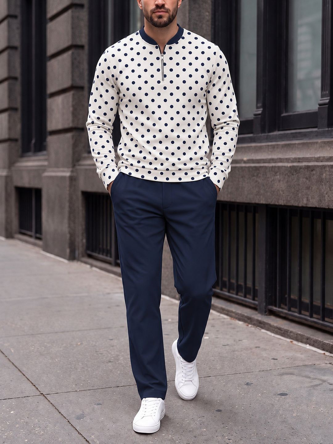 Zipper long sleeve two-piece set, Ivory Polka Dot